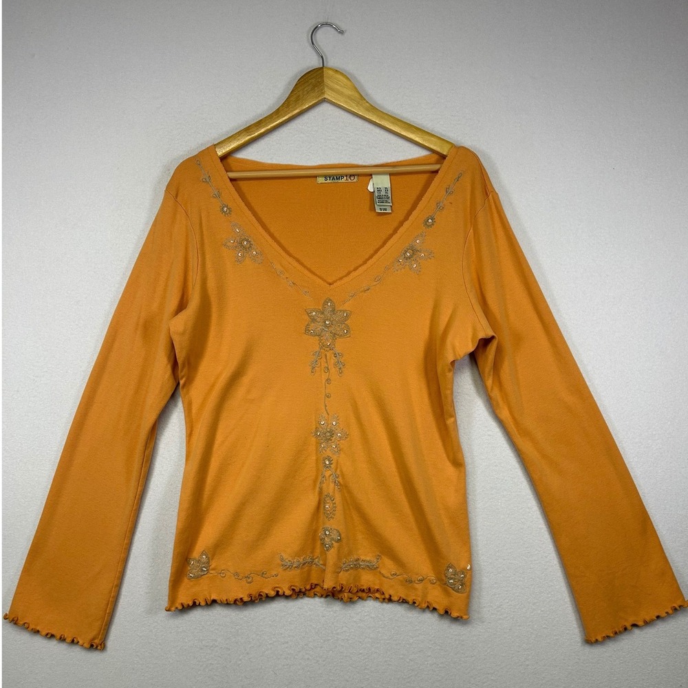 Boho Stamp 10 Women XL Orange Embroidered Sequin Y2K Lettuce Edge‎ Ribbed Top